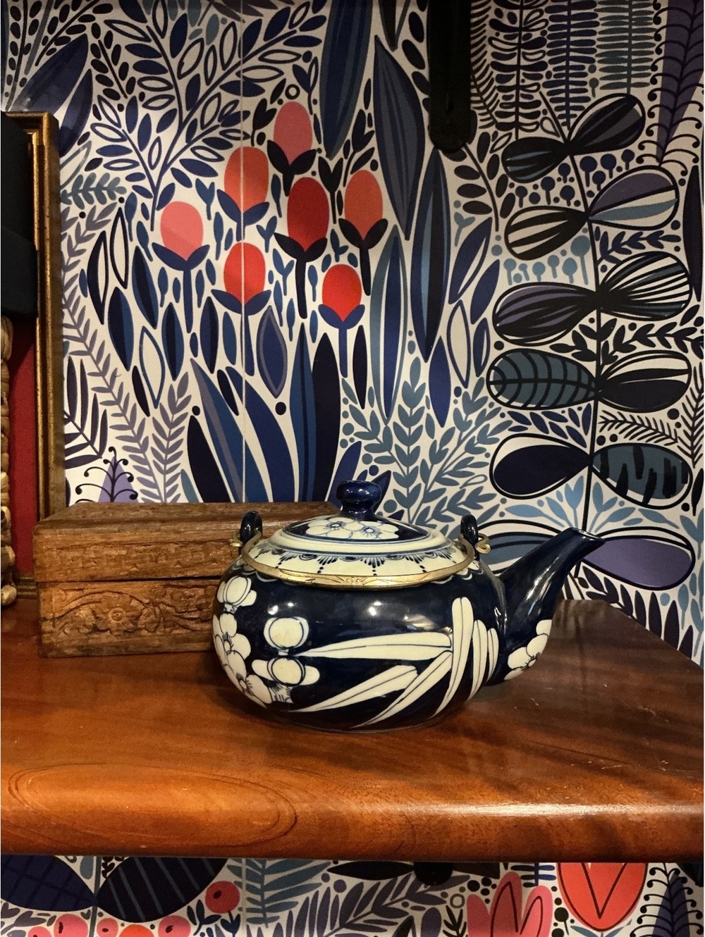 Vintage Navy Cobalt Blue Teapot White Hand-Painted Floral Botanical Single Serve